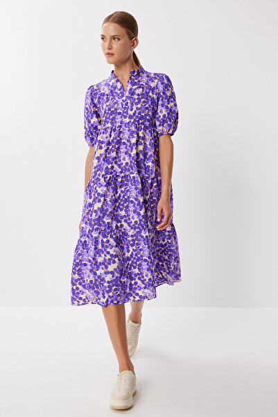 Lovelyİstanbul Patterned Flounced Summer Woven Dress Lfg0060 Purple Yellow