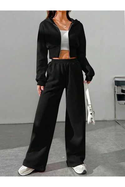 LOUİSA Kadın Fermuarlı Kapşonlu Siyah Crop Hırka-Bol Kesim Eşofman Takım
