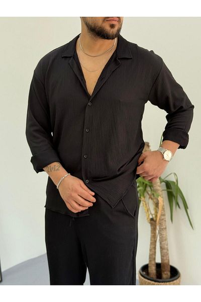 Baycombine35 Unisex Long Sleeve Buttoned Wrinkle Crinkle Fabric Shirt