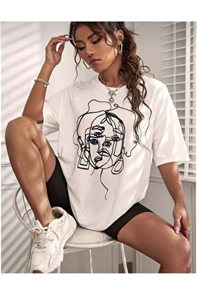 FUFLUNS تي شيرت نسائي برقبة دائرية كبيرة الحجم مطبوع عليه وجه