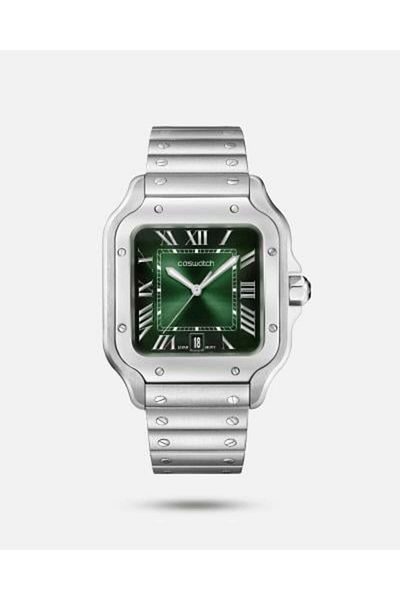CASWATCH Square Steel Watch with Silver Frame and Green Dial