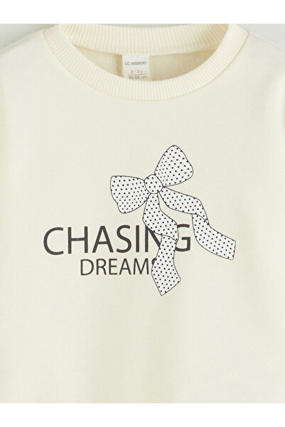 LC Waikiki Ecru Crew Neck Printed Girl's Sweatshirt