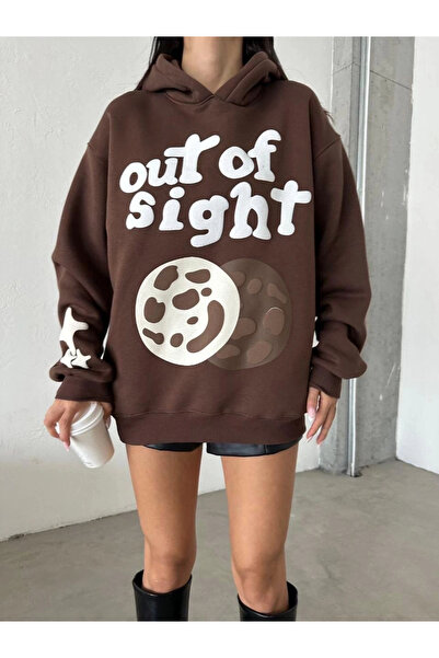 Ekince 3-нишко шардоне овърсайз суитшърт с принт, кафе