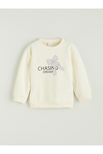 LC Waikiki Ecru Crew Neck Printed Girl's Sweatshirt