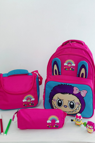 NAKIŞHAN Labubu Desenli Sevimli Okul ve Günlük Sırt Çantası-Pembe 3'lü Set
