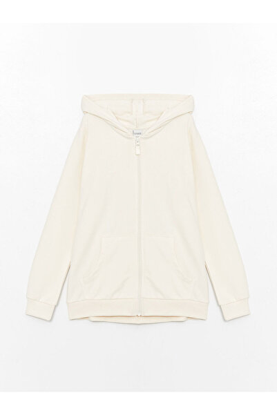 LC Waikiki Ecru cu glugă basic Hanorac cu mânecă lungă pentru fete, cu fermoar