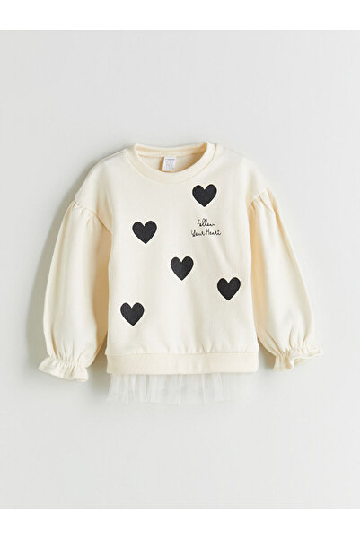 LC Waikiki Ekru Bisiklet Yaka Baskılı Kalın Kız Çocuk Sweatshirt
