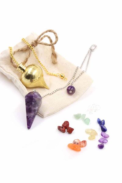 SAURACHI Natural Stone Amethyst Stone Pandul-Rice Pandul Pendulum with Chamber Pendulum Spiral Line Set of 2