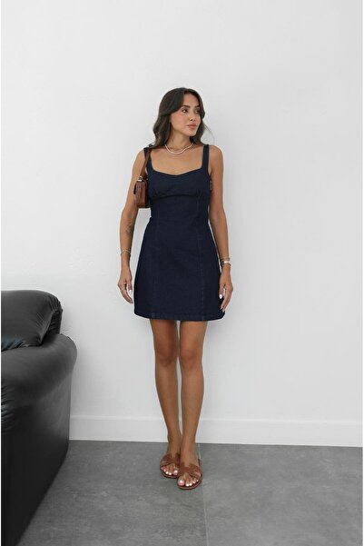Havoş Dark Navy Blue Side Zipper Denim Dress