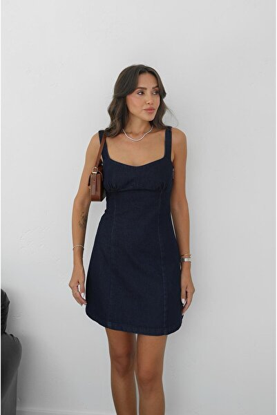 Havoş Dark Navy Blue Side Zipper Denim Dress