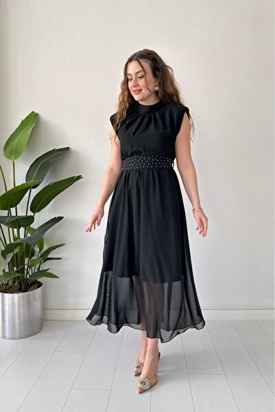MaziButik Sash Glitter Chiffon Dress Black