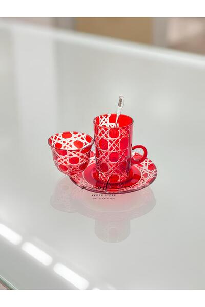 AKDEN STORE Cutting Decor Glass Tea Set and Mira Set Arabic Tea Set 18 Pieces for 6 People