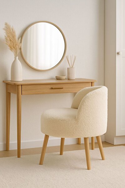 WEBPANYA MOBİLYA X Large KREM Tedy Kumaş Dekoratif Berjer Puf Makyaj Masası Pufu