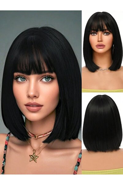 AKOLİFE Siyah Kısa Perçemli Peruk - Gerçek Saç Dokusunda Ayarlanabilir Hava A...