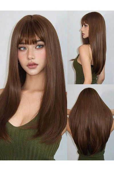 AKOLİFE Real Hair Texture Auburn Perce Flat Long Wig Breathable Adjustable Bonnet
