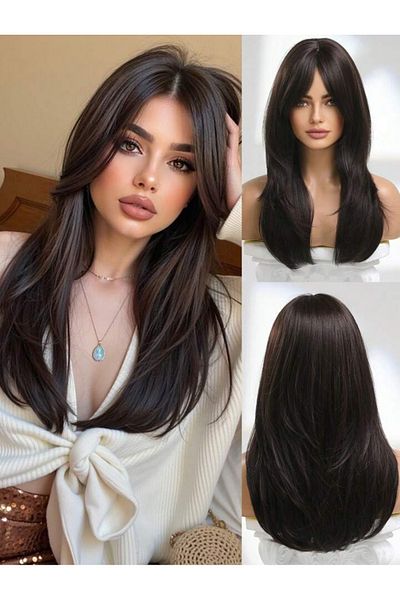AKOLİFE Medium Size Wig in Chocolate Brown Layered Cut Real Hair Texture - Airable Adjustable Bonnet