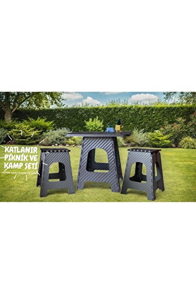 saral plastik Katlanır Sehpalı Ve İki Adet Katlanır Tabureli Piknik ve Kamp S...