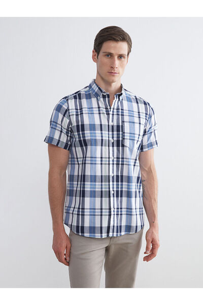 LC Waikiki Indigo Regular Fit Short Sleeve Plaid Poplin Men's Shirt