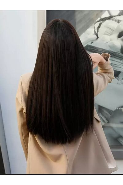 AKOLİFE Dark Brown Perce Straight Long Wig in Human Hair Texture Breathable Adjustable Cap