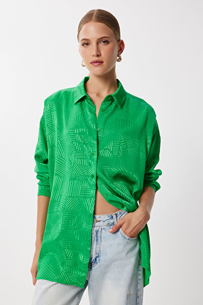 Lovelyİstanbul Patterned Oversize Satin Shirt Lfg0146 Green