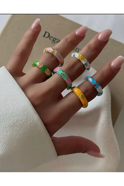 AychaAksesuar Steel Vip White Enamel Flower Adjustable Ring