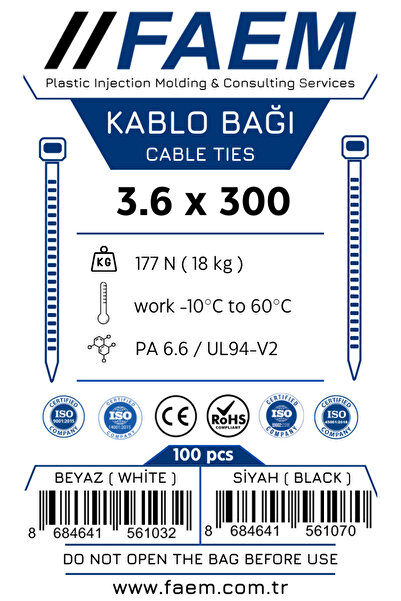 FAEM 3.6x300 mm Kablo Bağı - Plastik Kelepçe - Cırt Kelepçe (SİYAH) ( 100 Adet )