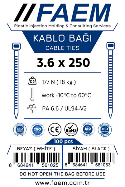 FAEM 3.6x250 mm Kablo Bağı - Plastik Kelepçe - Cırt Kelepçe (SİYAH) ( 100 Adet )