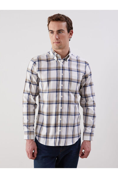 LC Waikiki Ανδρικό πουκάμισο με μακρυμάνικο καρό γκαμπαρντίνα εκρού κανονική ...