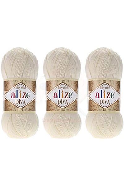 Alize Diva Knitting Yarn 100% Microfiber Acrylic with Silk Effect - Light Cream (62)