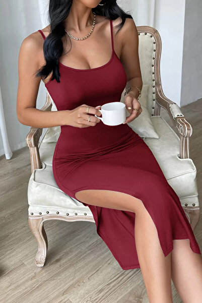 FAYK WEARHOUSE فستان نوم نسائي أسود بفتحة تحت الركبة يلتف على الجسم