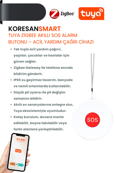 koresan Tuya Zigbee Akıllı SOS Alarm Butonu – Acil Yardım Çağrı Cihazı