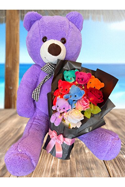 Linalux Gifts 80cm Mor Ayıcık ve Işıklı Güllü Rengarenk Ayıcık Buketi - Kız K...