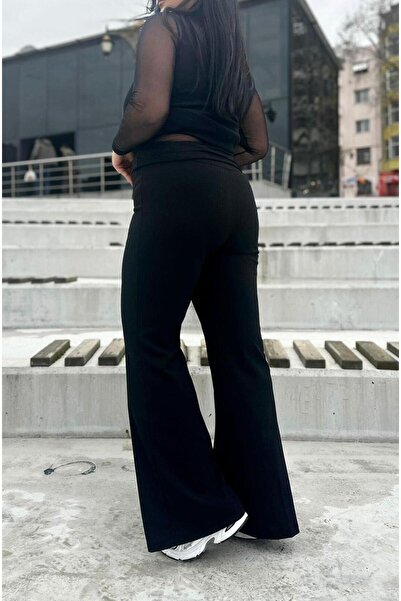 FOR ESRA BIG TREND Women's Plus Size Raised Waist Double Button Spanish Leg Crepe Woven Stretchy Trousers