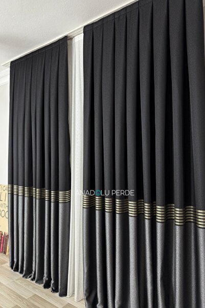 istper Panel Background Curtain Black - Gray Gold Detail Patterned 1/3 Tight Pleated Jacquard Single Wing