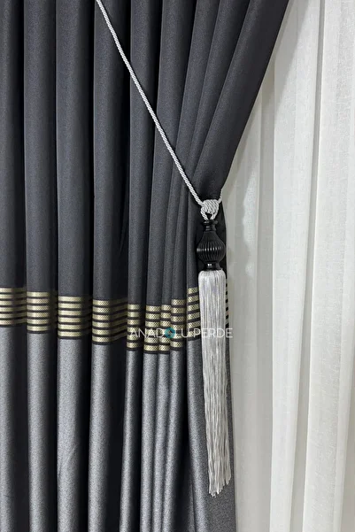 istper Panel Background Curtain Black - Gray Gold Detail Patterned 1/3 Tight Pleated Jacquard Single Wing