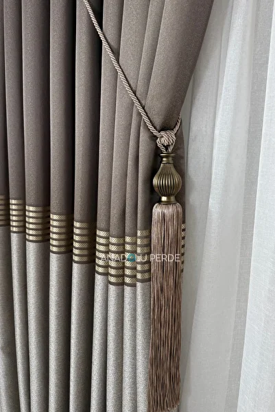 istper Panel Background Curtain Milky Brown Gold Detail Patterned 1/3 Tight Pleated Jacquard Single Wing