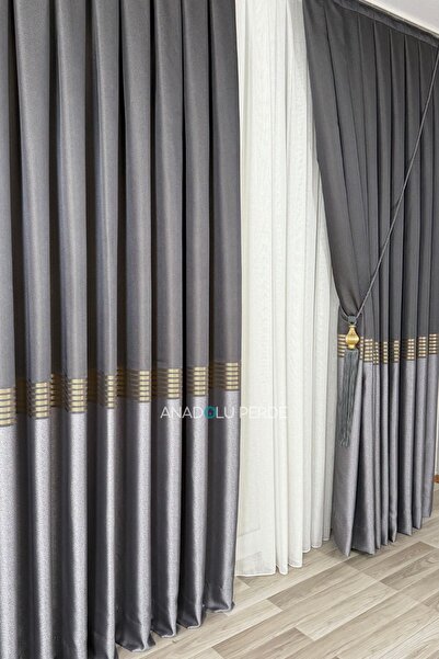 istper Panel Background Curtain Anthracite - Gray Gold Detail Patterned 1/3 Tight Pleated Jacquard Single Wing