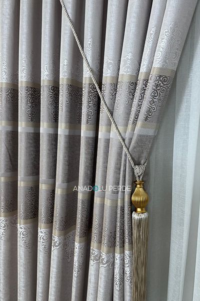 istper Panel Background Curtain Beige Mink Transitional Detailed Patterned 1/3 Tight Pleated Jacquard Single Wing