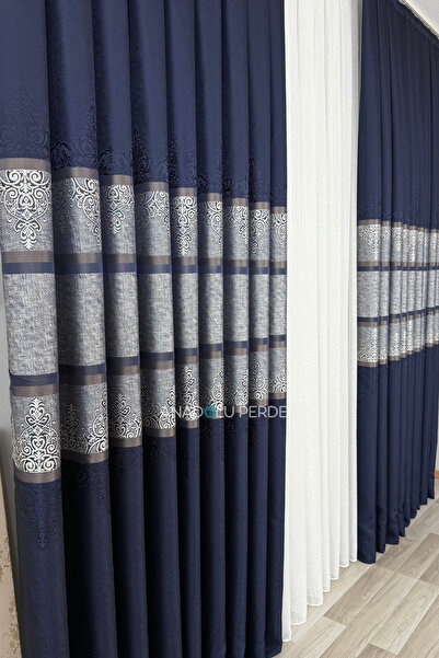 istper Panel Background Curtain Navy Blue Gray Transitional Detailed Patterned 1/3 Regular Pleated Jacquard Single Wing