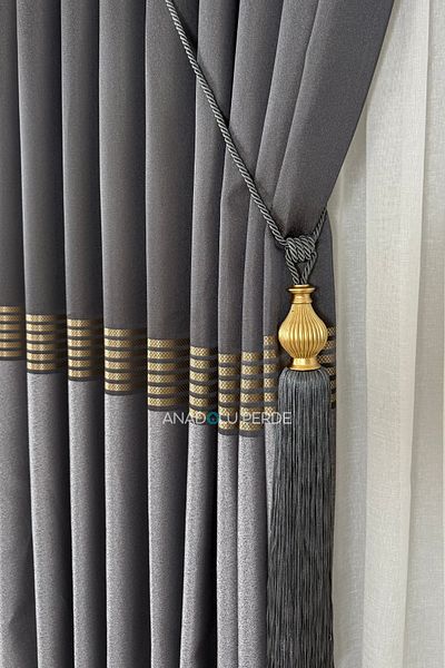 istper Panel Background Curtain Anthracite - Gray Gold Detail Patterned 1/3 Tight Pleated Jacquard Single Wing
