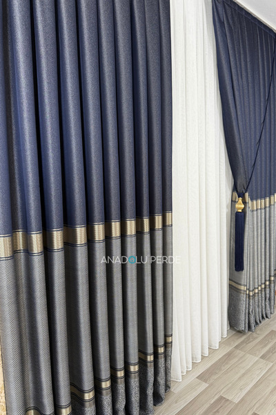 istper Panel Background Curtain Navy Blue - Gray Gold Detail Patterned 1/3 Tight Pleated Jacquard Single Wing
