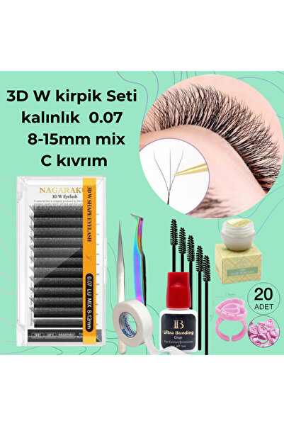 5D Kirpik 3D W İpek Kirpik Seti + Yapıştırıcı, Kirpik Çıkarıcı, Cımbız, Fırça, Bant, Yüzük