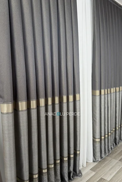 istper Panel Background Curtain Khaki - Gray Gold Detail Patterned 1/3 Tight Pleated Jacquard Single Wing