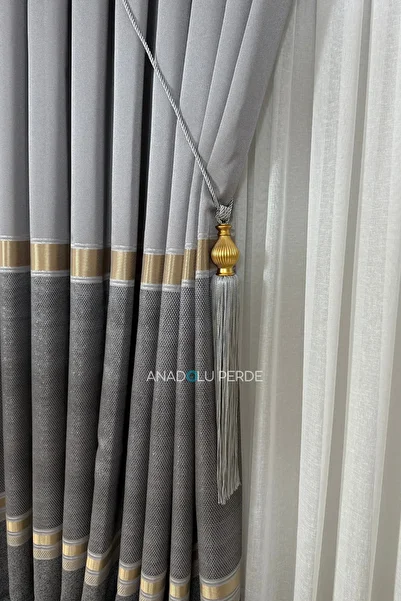 istper Panel Background Curtain Gray - Smoked (Anthracite) Gold Detail Patterned 1/3 Tight Pleated Jacquard Single Wing