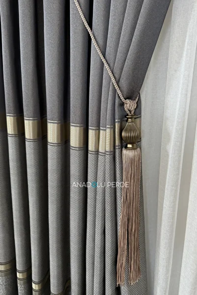 istper Panel Background Curtain Khaki - Gray Gold Detail Patterned 1/3 Tight Pleated Jacquard Single Wing
