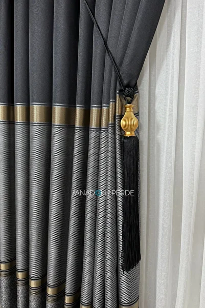 istper Panel Background Curtain Black - Dark Gray Gold Detail Patterned 1/3 Tight Pleated Jacquard Single Wing