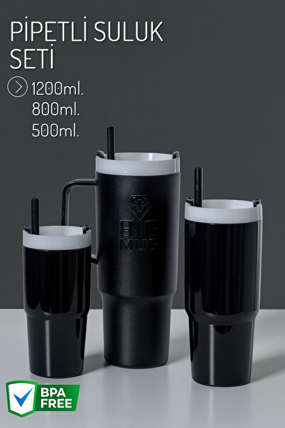 NY HOME 3 Size Water Bottle Set with Straw Black