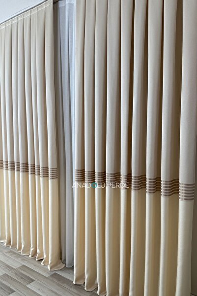 istper Panel Background Curtain Light Beige - Cream Gold Detail Patterned 1/3 Tight Pleated Jacquard Single Wing
