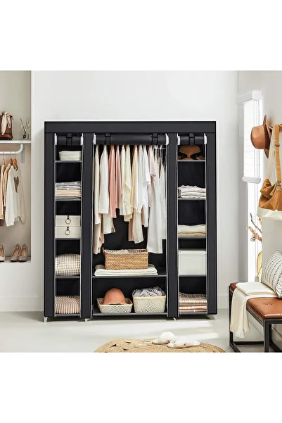 SONGMICS Fabric Wardrobe, Portable Wardrobe, with Shelves and Hanging Rail, 150x45x175cm, Black