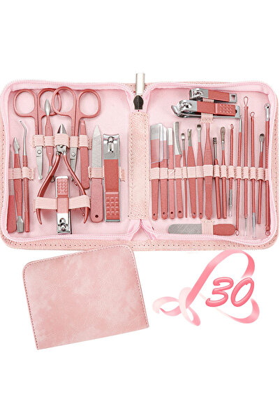 Choice1 مجموعة أدوات مانيكير من 30 قطعة باللون الوردي، مع حقيبة سفر محمولة، وقصاصات بشرة، وغطاء للأظافر.